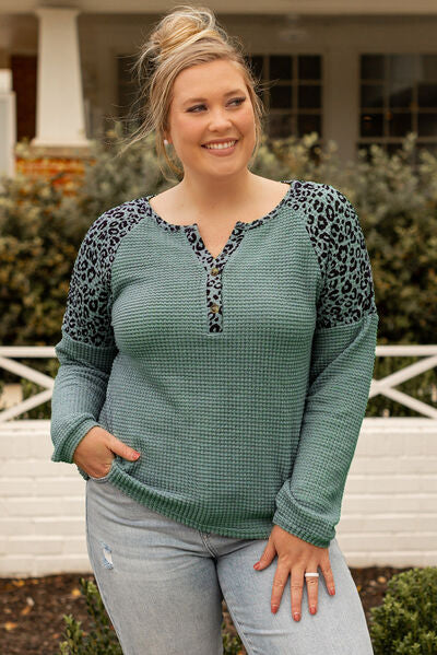 Plus Size Leopard Waffle-Knit Long Sleeve T-Shirt  Shop One Place