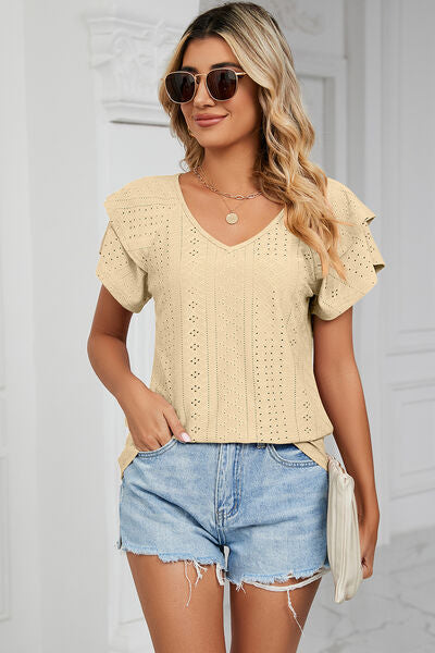 Eyelet V-Neck Short Sleeve T-Shirt