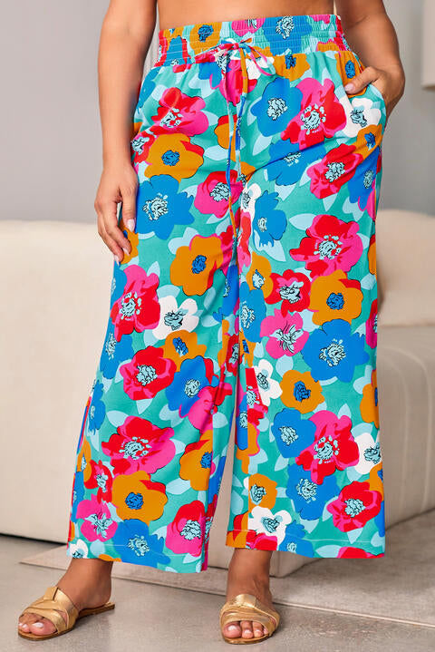 Plus Size Floral Drawstring Wide Leg Pants with Pockets  Shop One Place