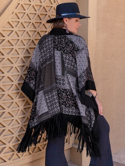 Plus Size Printed Fringe Open Front Outerwear  Shop One Place