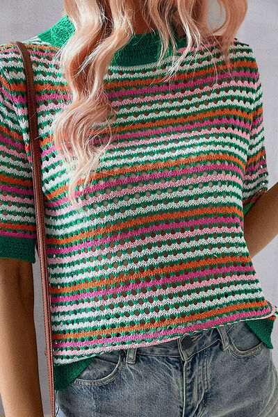 Openwork Striped Short Sleeve Knit Top  Shop One Place