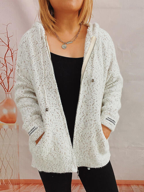 Zip Up Drawstring Long Sleeve Hooded Sweater  Shop One Place