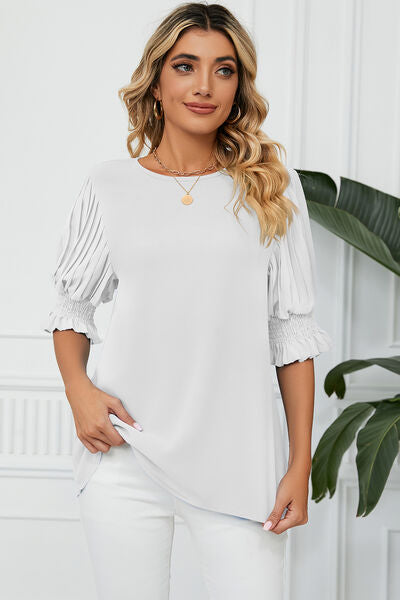 Frill Round Neck Lantern Sleeve T-Shirt