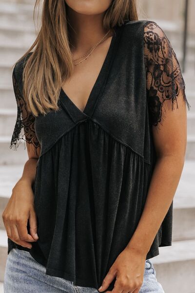 Lace Detail V-Neck Short Sleeve T-Shirt  Shop One Place