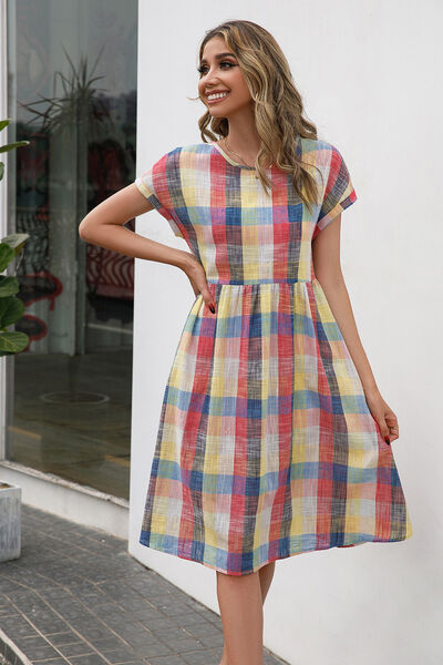 Plaid Round Neck Cap Sleeve Dress