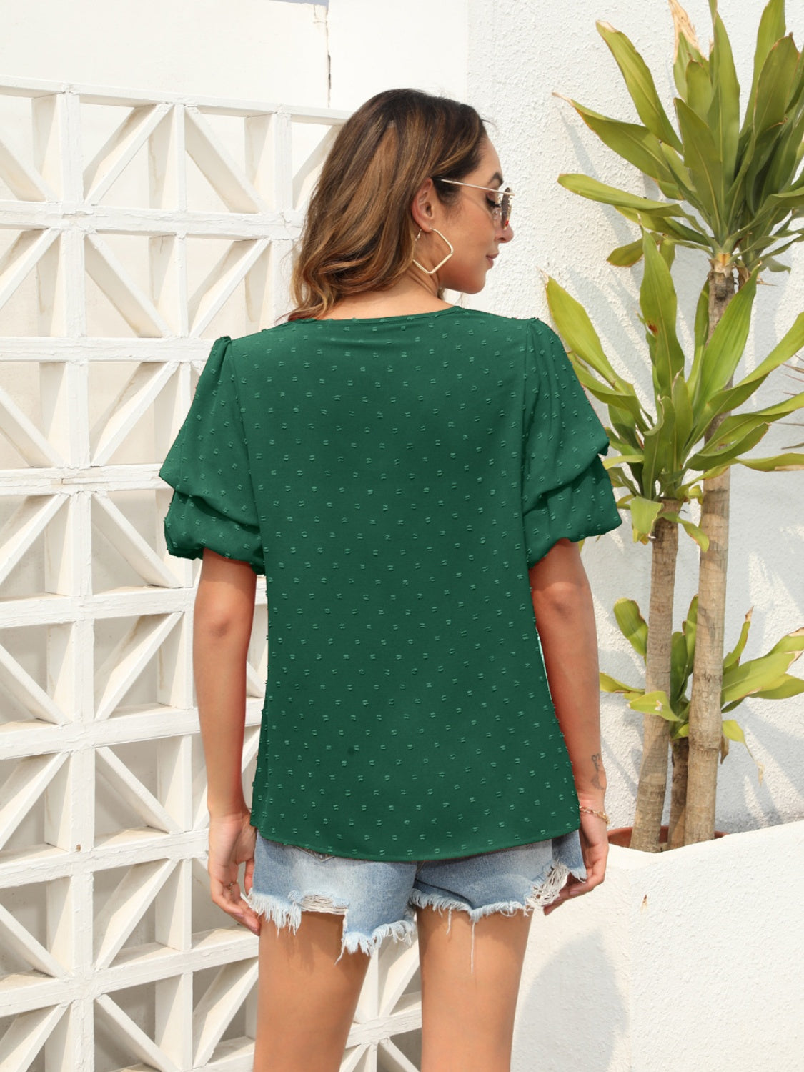 Swiss Dot V-Neck Short Sleeve Blouse