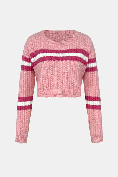 Cable-Knit Striped Dropped Shoulder Sweater  Shop One Place