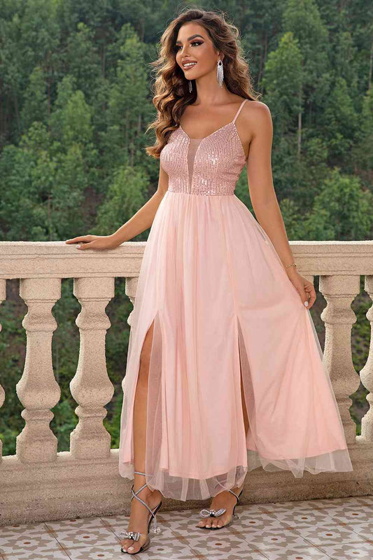 Spaghetti Strap Slit Mesh Dress  Shop One Place