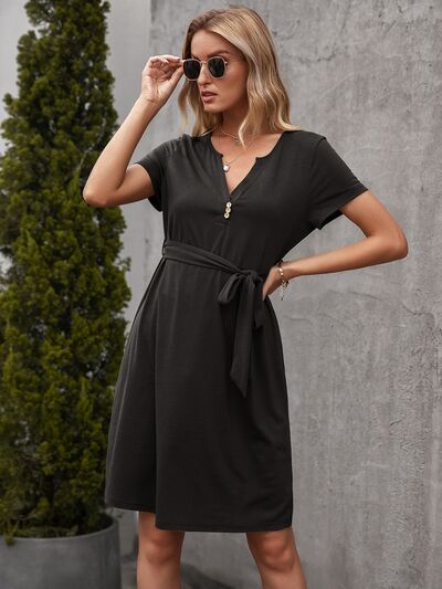 Y&BL Tied Notched Short Sleeve Dress