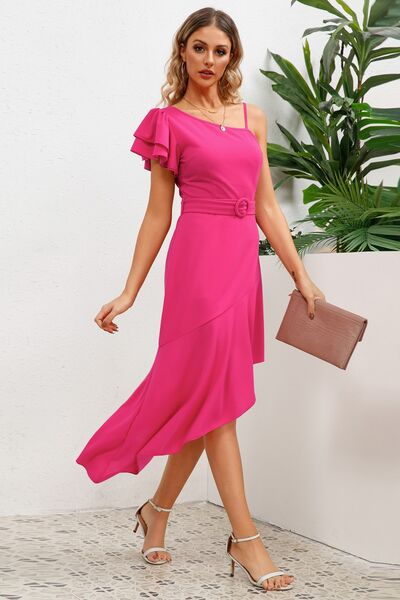 Ruffled Asymmetrical Neck Flutter Sleeve Dress