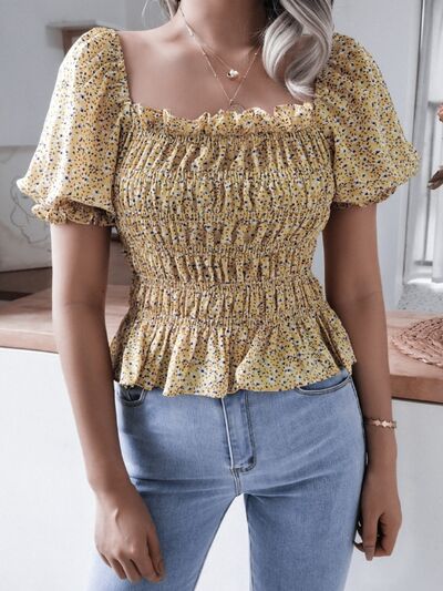 Frill Smocked Square Neck Short Sleeve Blouse  Shop One Place