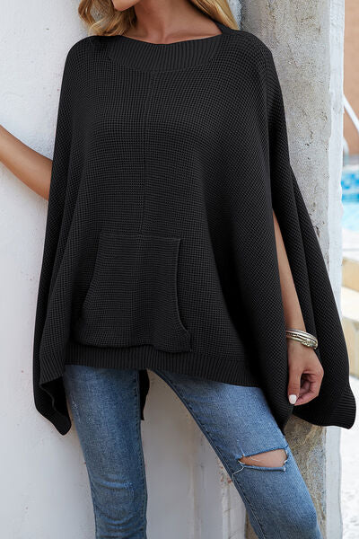 Waffle-Knit Pocketed Cape Sleeve Sweater  Shop One Place