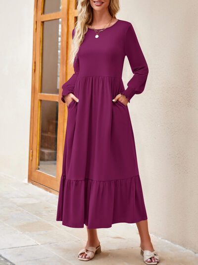 Round Neck Lantern Sleeve Ruffle Hem Dress