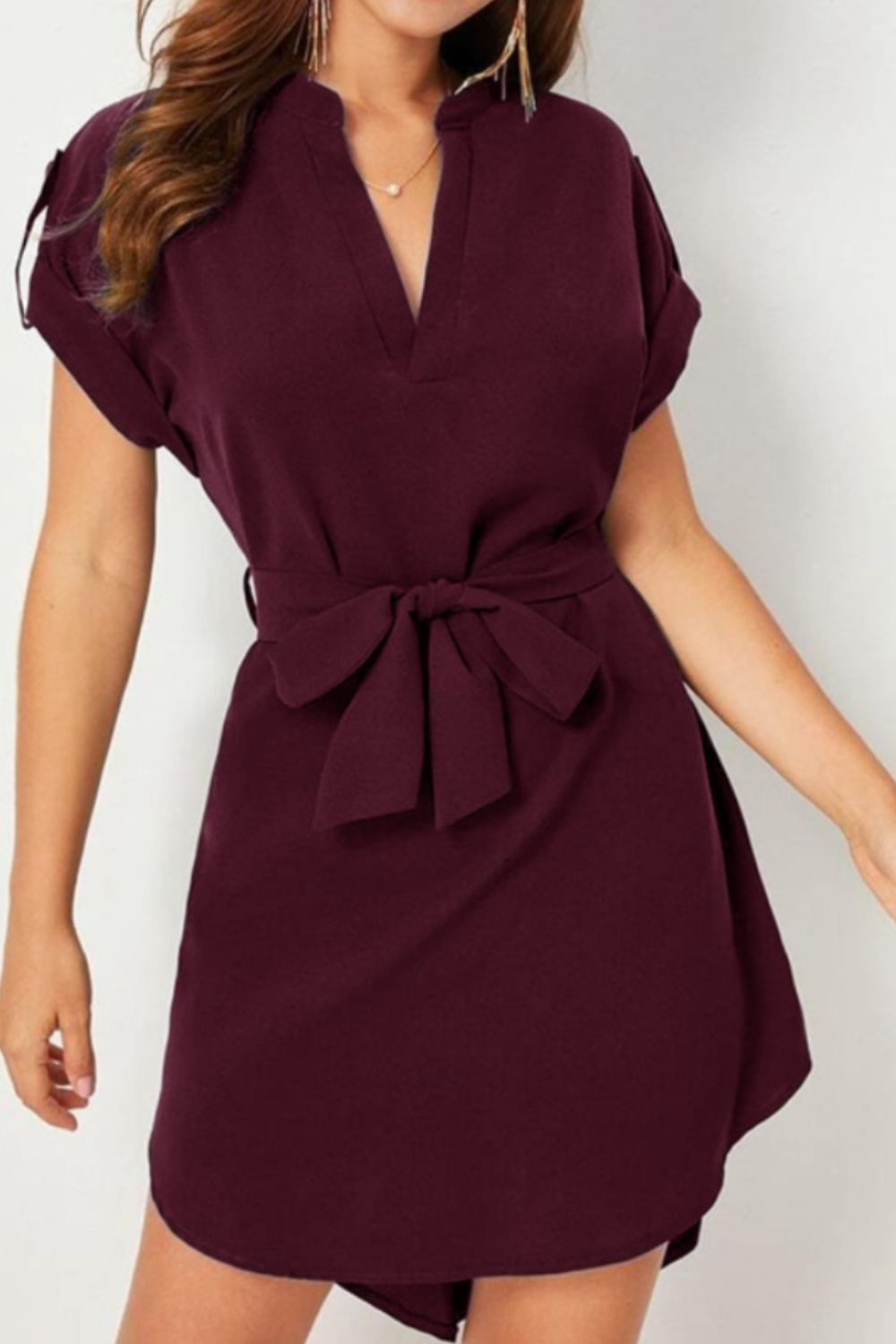 D&Y Tied Notched Short Sleeve Dress