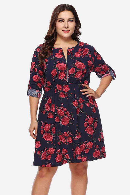 Plus Size Floral Print Half Zip Up Dress  Shop One Place