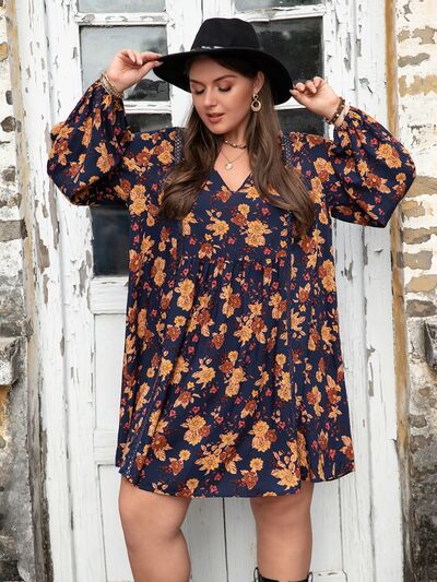 Plus Size Floral V-Neck Balloon Sleeve Dress  Shop One Place
