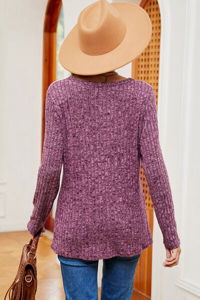 Eyelet Ribbed Round Neck Long Sleeve T-Shirt