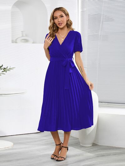 Pleated Surplice Tie Waist Midi Dress