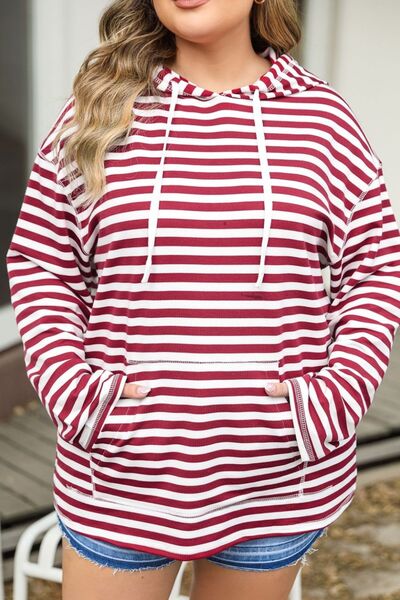 Plus Size Drawstring Striped Dropped Shoulder Hoodie  Shop One Place