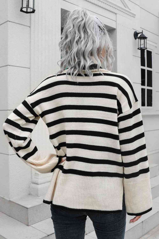 Striped Turtleneck Drop Shoulder Sweater  Shop One Place