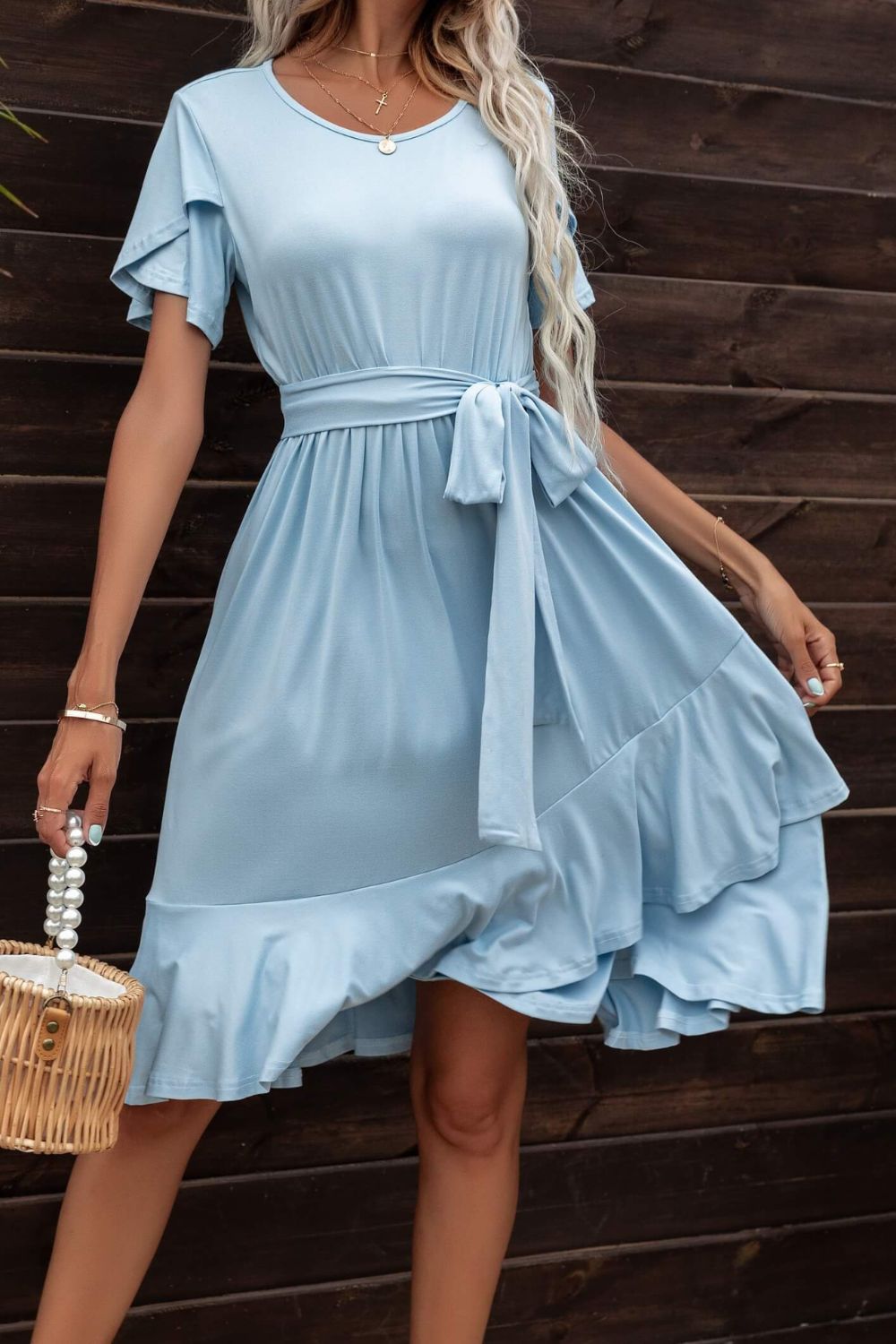 Chic Tie-Waist Petal Sleeve Knee-Length Dress