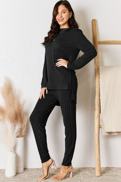 Basic Bae Full Size Ribbed Round Neck High-Low Slit Top and Pants Set  Shop One Place