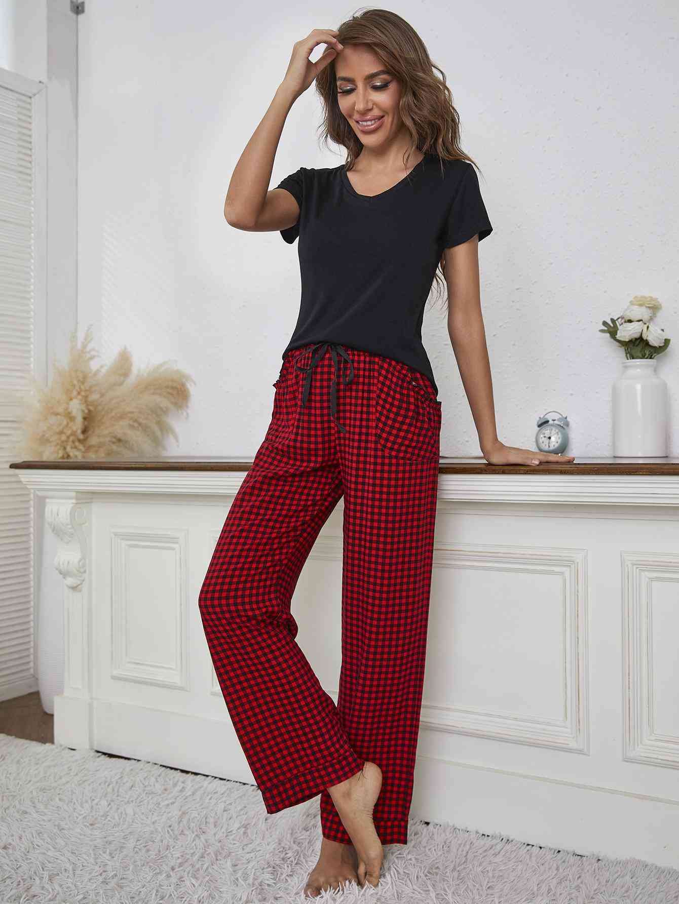 V-Neck Top and Gingham Pants Lounge Set