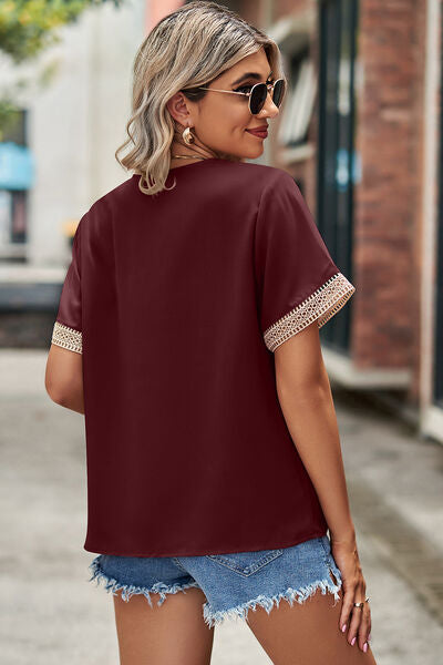 Openwork V-Neck Short Sleeve T-Shirt  Shop One Place