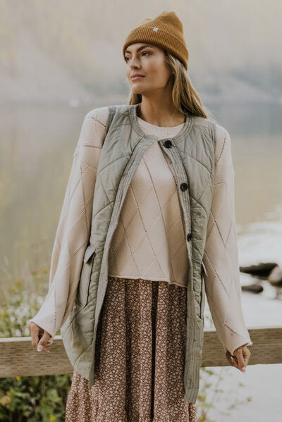 Button Up Pocketed Vest Coat  Shop One Place