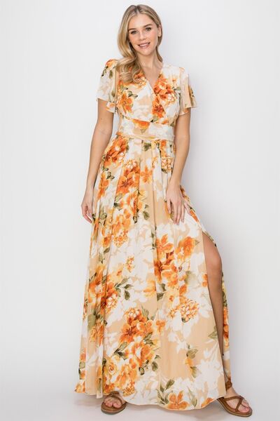 HYFVE Floral Tie Back Short Sleeve Slit Maxi Dress  Shop One Place
