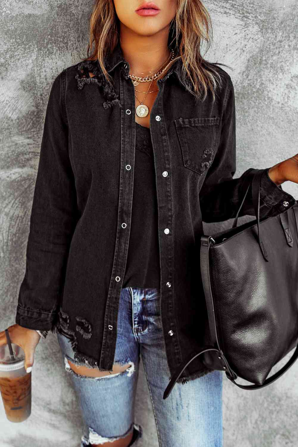 Distressed Snap Down Denim Jacket  Shop One Place