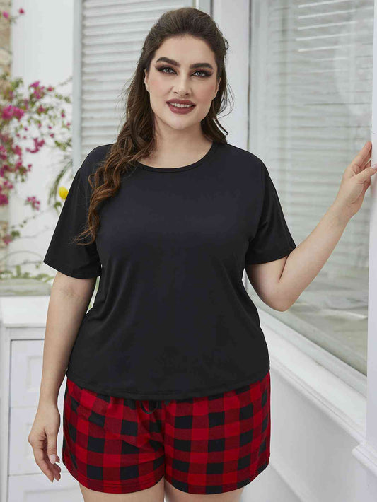 Plus Size Round Neck Tee Shirt and Plaid Shorts Lounge Set  Shop One Place