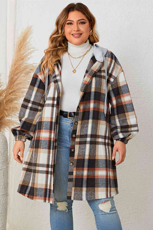 Plus Size Plaid Drop Shoulder Hooded Coat  Shop One Place