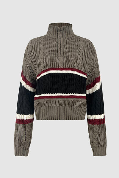 Cable-Knit Striped Quarter Zip Turtleneck Sweater  Shop One Place