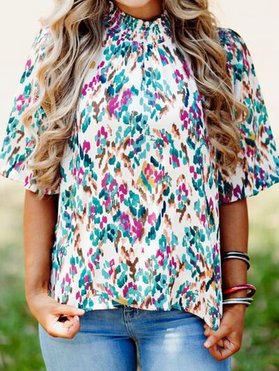 Printed Mock Neck Half Sleeve Blouse