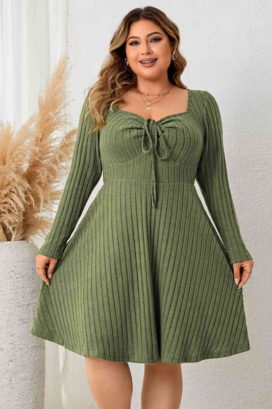 Plus Size Sweetheart Neck Long Sleeve Ribbed Dress  Shop One Place