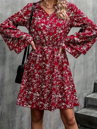 Printed V-Neck Long Sleeve Mini Dress