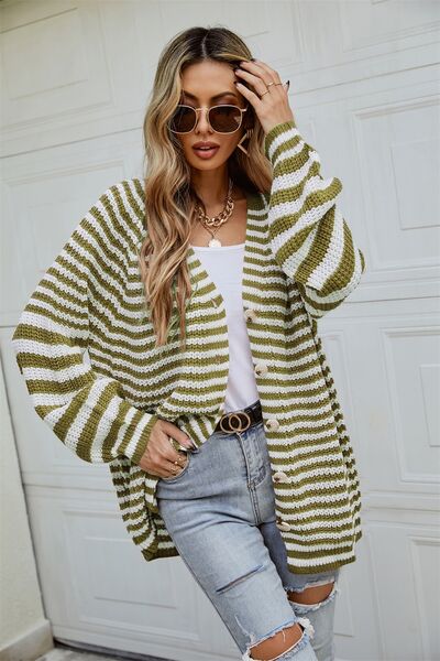 Striped Button Up Long Sleeve Cardigan  Shop One Place