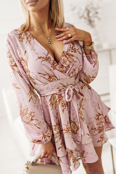 Printed Surplice Balloon Sleeve Mini Dress 