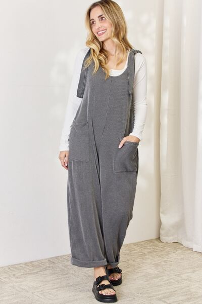 Celeste Full Size Ribbed Tie Shoulder Sleeveless Ankle Overalls