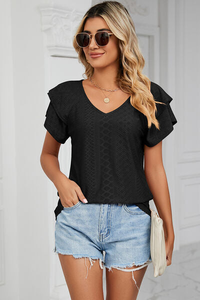 Eyelet V-Neck Short Sleeve T-Shirt