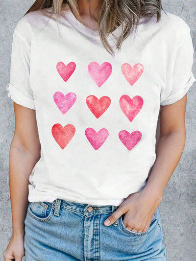 Heart Round Neck Short Sleeve T-Shirt  Shop One Place