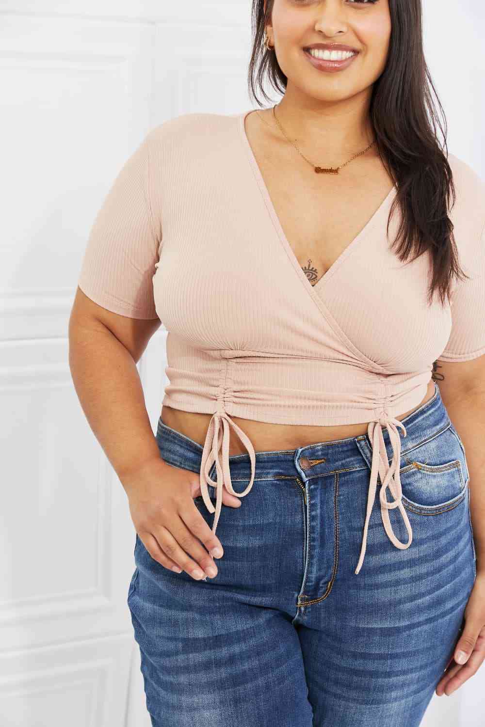 Capella Back To Simple Full Size Ribbed Front Scrunched Top in Blush