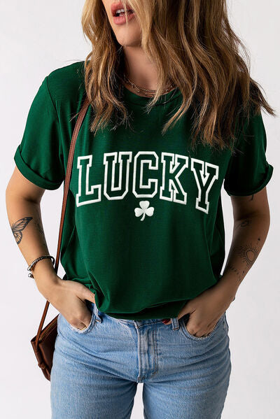 LUCKY Round Neck Short Sleeve T-Shirt  Shop One Place