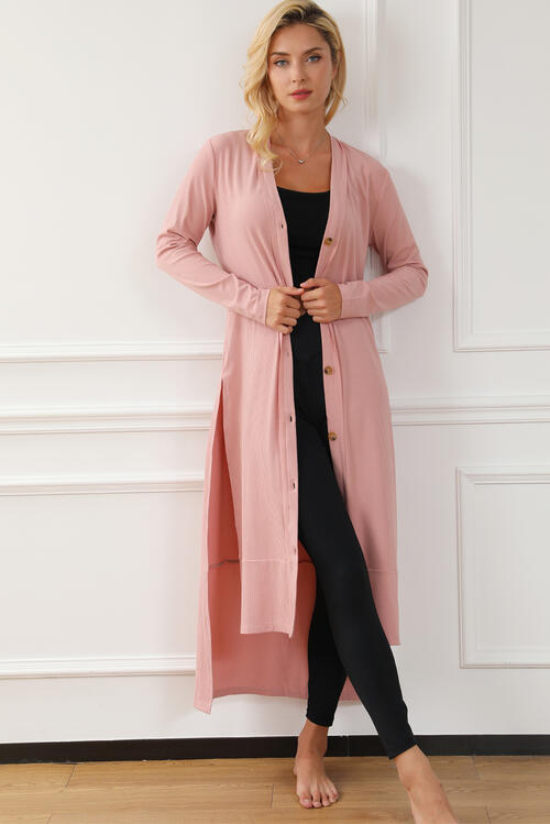 Button Up High-Low Long Sleeve Slit Cardigan  Shop One Place