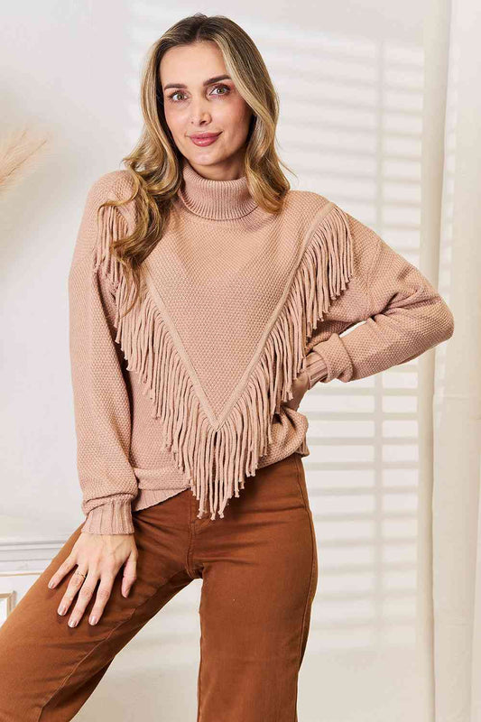 Woven Right Turtleneck Fringe Front Long Sleeve Sweater  Shop One Place