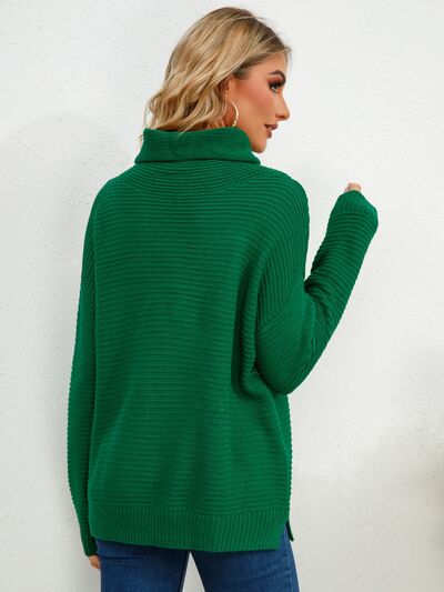 Slit Turtleneck Dropped Shoulder Sweater  Shop One Place