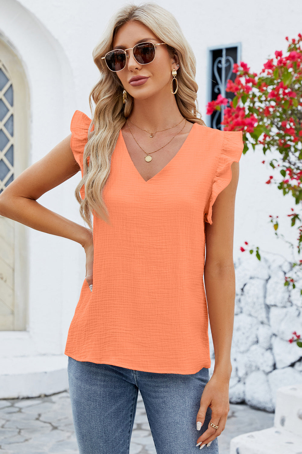 Ruffled V-Neck Cap Sleeve Blouse