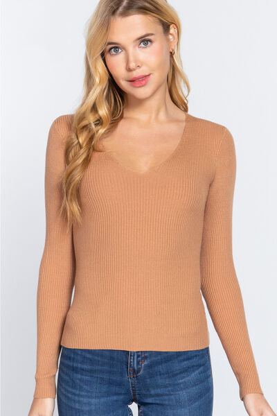 ACTIVE BASIC V-Neck Fitted Viscose Rib Knit Top  Shop One Place