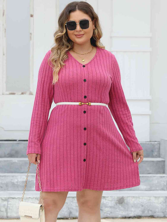 Plus Size Ribbed Buttoned V-Neck Long Sleeve Dress  Shop One Place